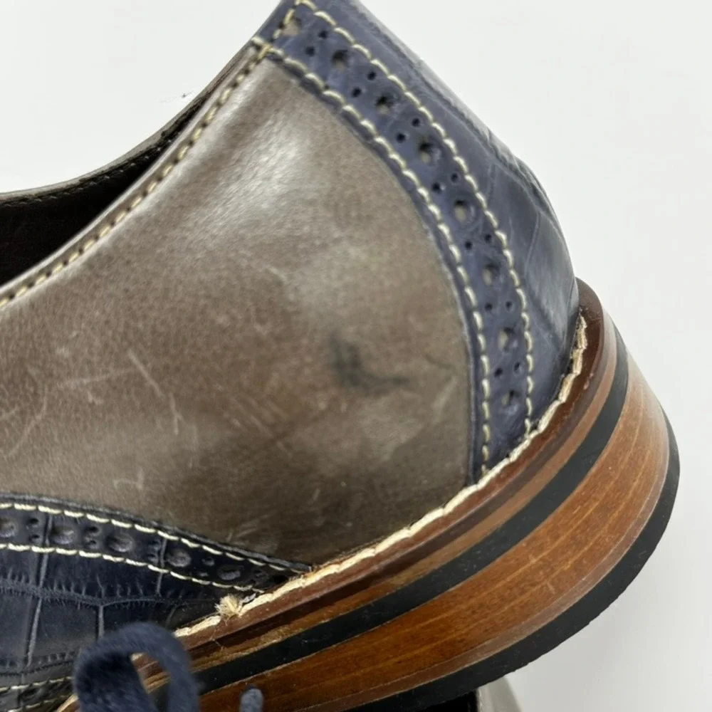 Cole Haan Mens 7.5 M Grey Navy Blue Croc Saddle Oxford Shoes C10293